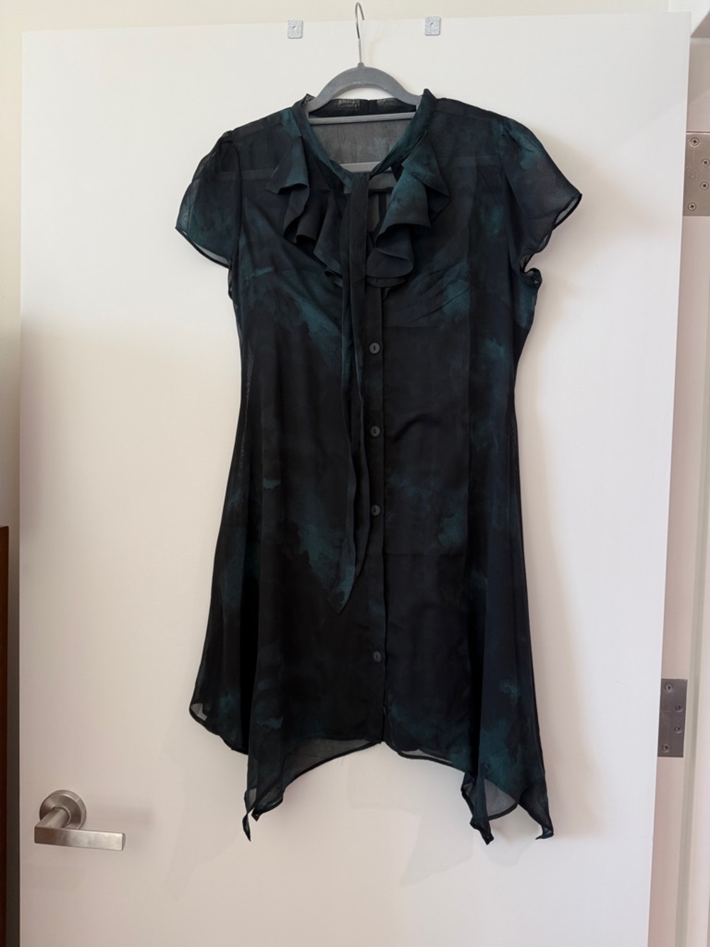 Disturbia Dark Teal and Black Ruffle Tie-Neck Blouse